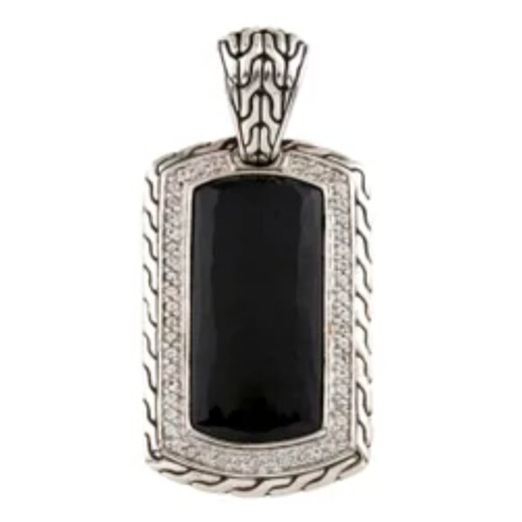 John Hardy Sterling Silver Onyx White Sapphire Naga Dog Tag Pendant NWT $1195
